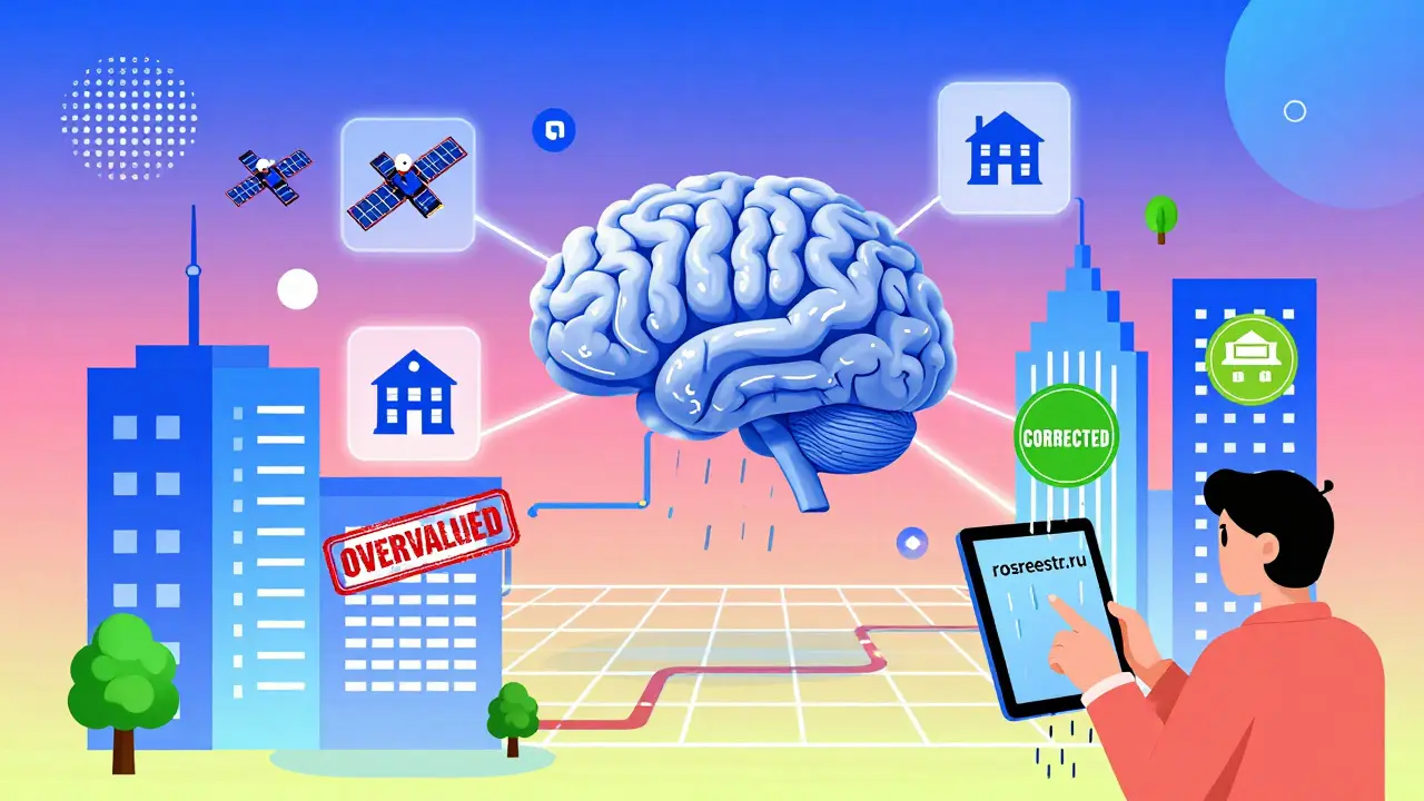 Футуристический город с ИИ, анализирующим школы, метро и парки для оценки недвижимости.