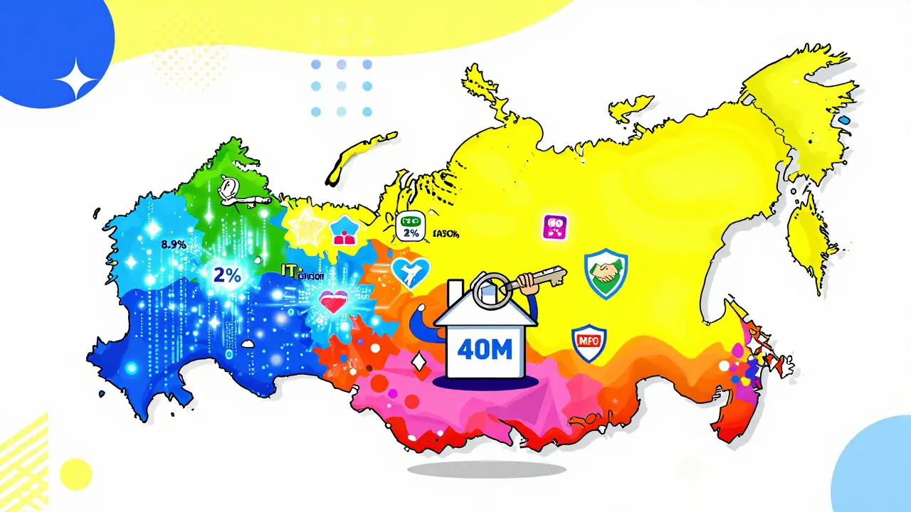 Карта России с цветными зонами льготных ипотек и иконками маткапитала, МФО и ключа от дома.