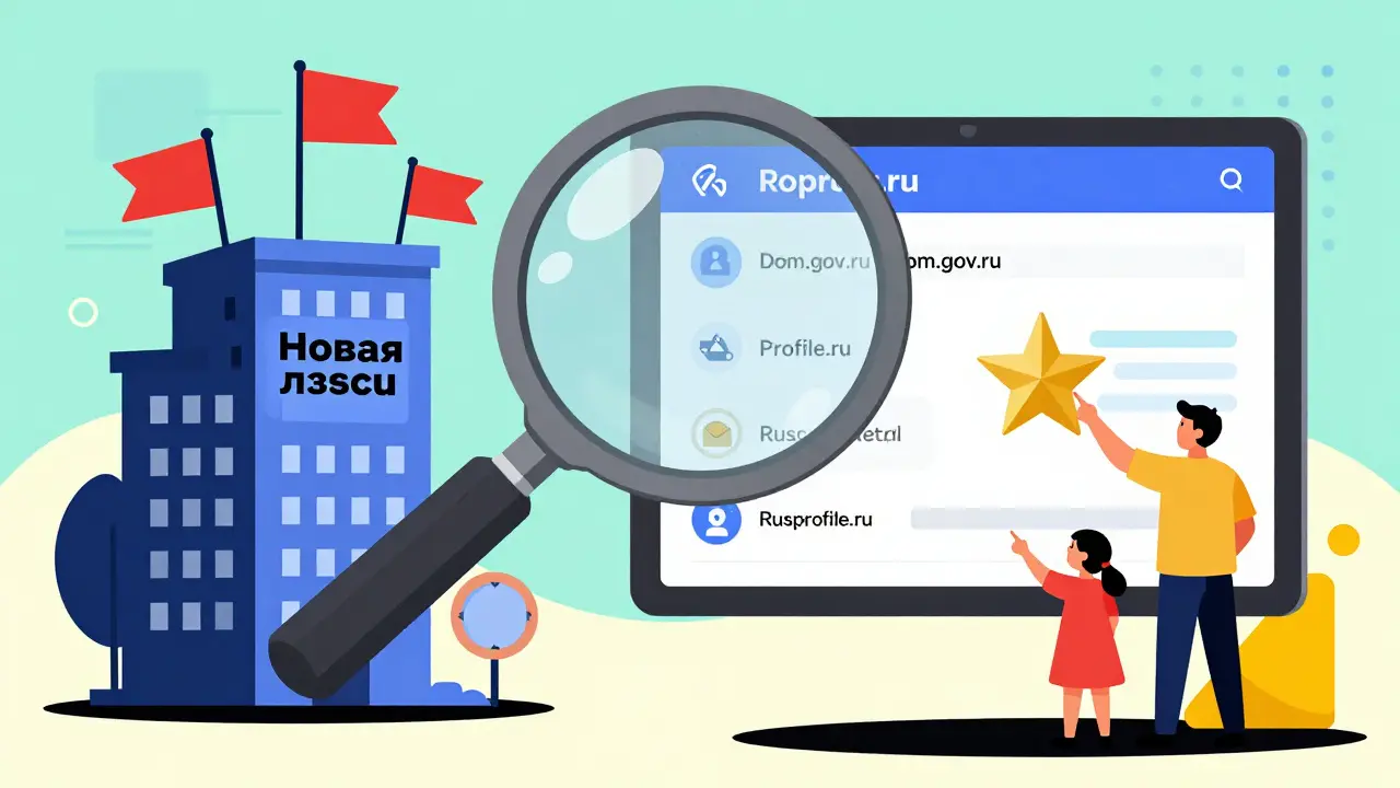 Лупа проверяет застройщика, красные флаги предупреждают об обмане