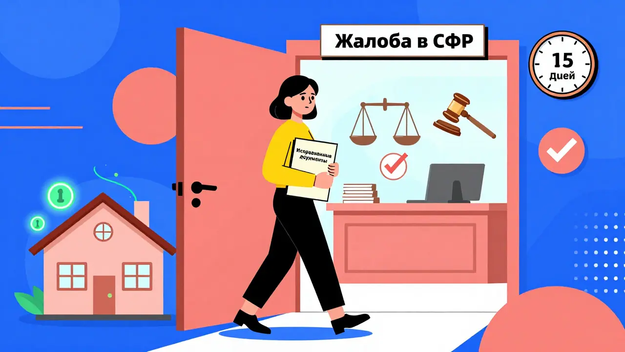 Мать идёт к суду с исправленными документами, вокруг — юридические символы и часы.