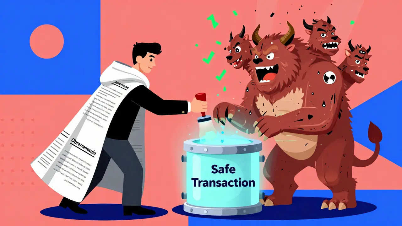 Нотариус в плаще запечатывает чудовище обременений в сейф, спасая покупателя.