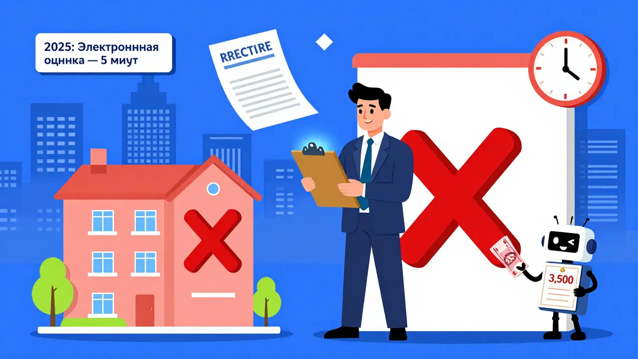 Оценщик проверяет квартиру с несогласованной перепланировкой, рядом — документы, банк и цифровая оценка 2025 года.