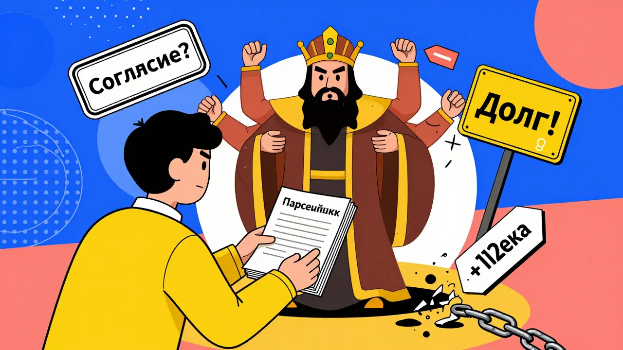 Покупатель передает документы застройщику, вокруг — предупреждения и долговые знаки.