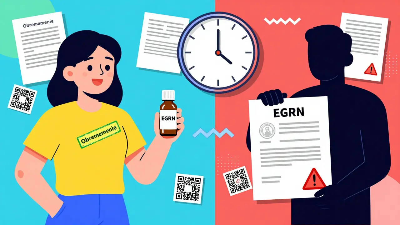 Покупатель получает настоящую выписку ЕГРН справа, слева — мошенник с поддельным договором и предупреждающим треугольником.