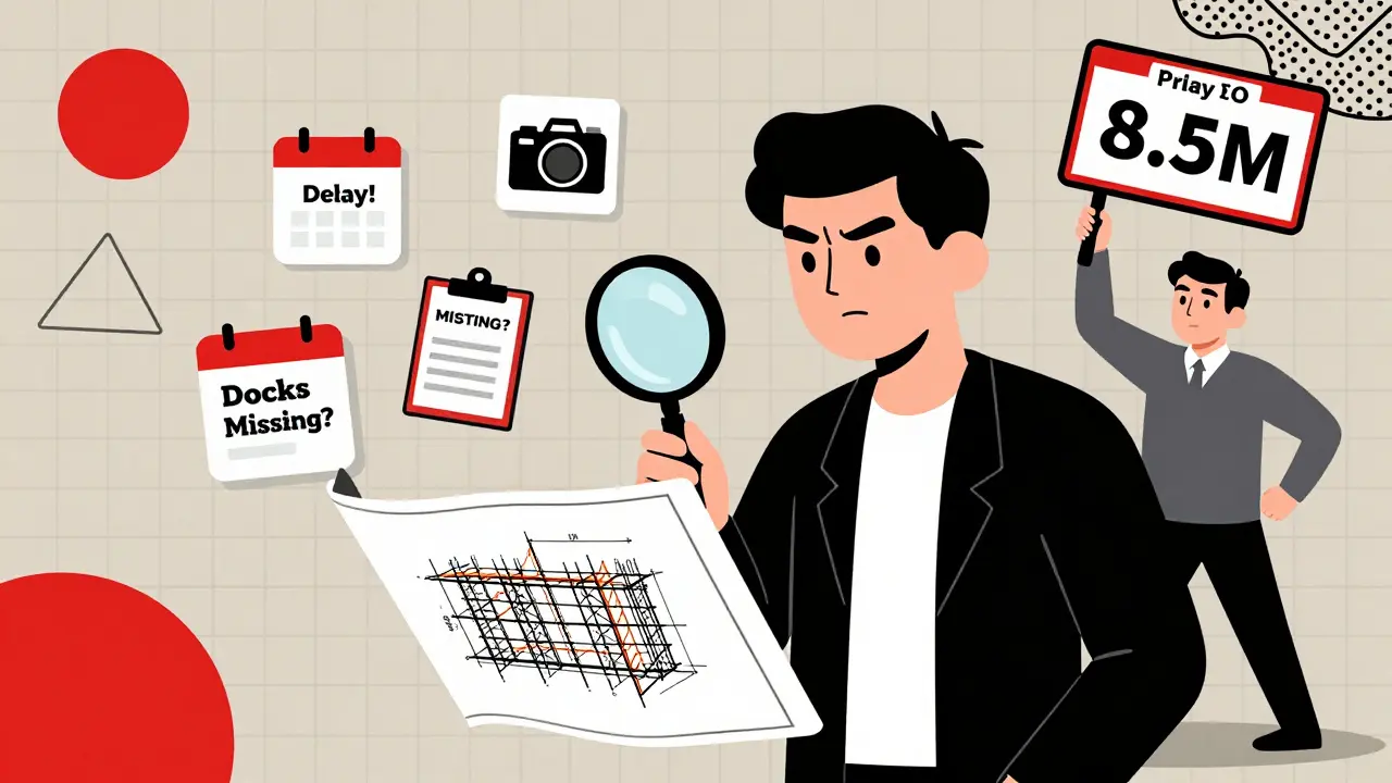 Покупатель проверяет стройку с лупой, рядом — попытка завысить цену, фон в стиле Memphis с треугольниками и предупреждениями.