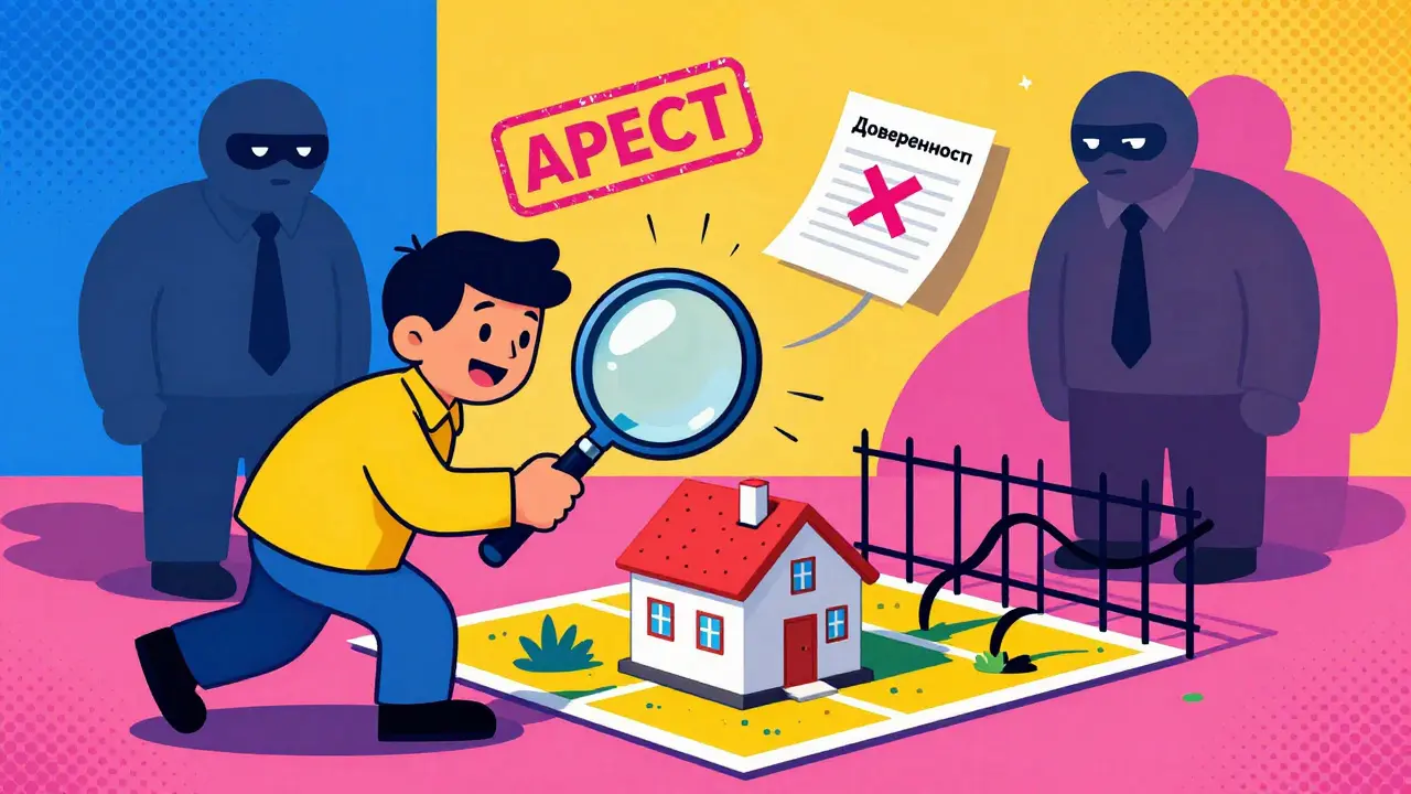 Покупатель с лупой проверяет дом, а вокруг — тени обременений, неправильных границ и поддельных документов.