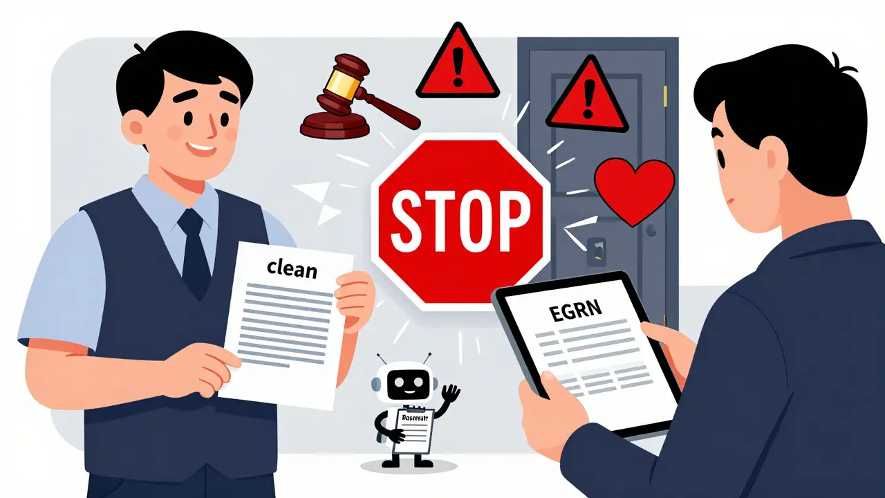 Покупатель сравнивает фальшивый документ с настоящей выпиской ЕГРН, полной красных сигналов.