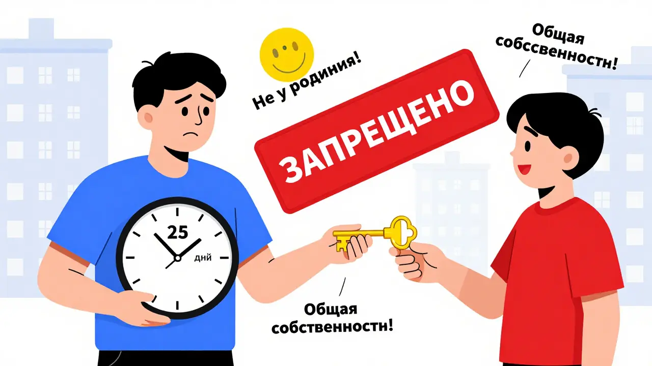 Продавец и покупатель с ключом и предупреждениями о запретах