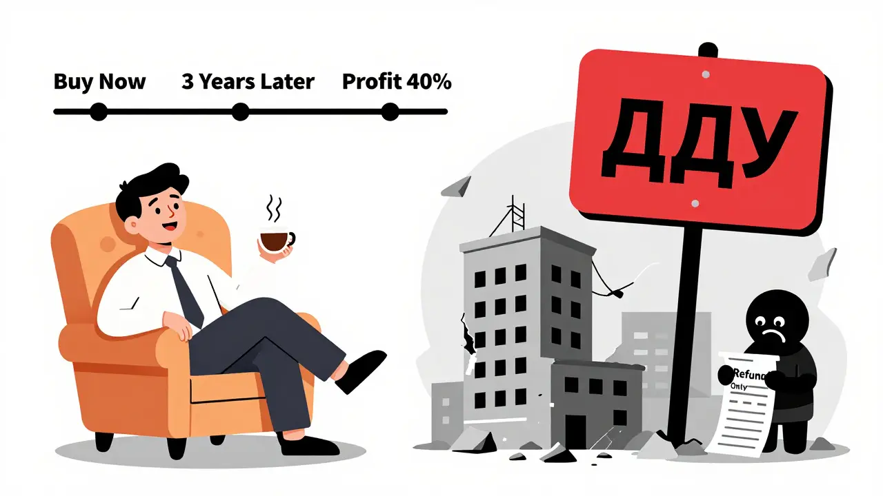 Разделённая сцена: счастливый инвестор и разрушающееся здание с предупреждением.