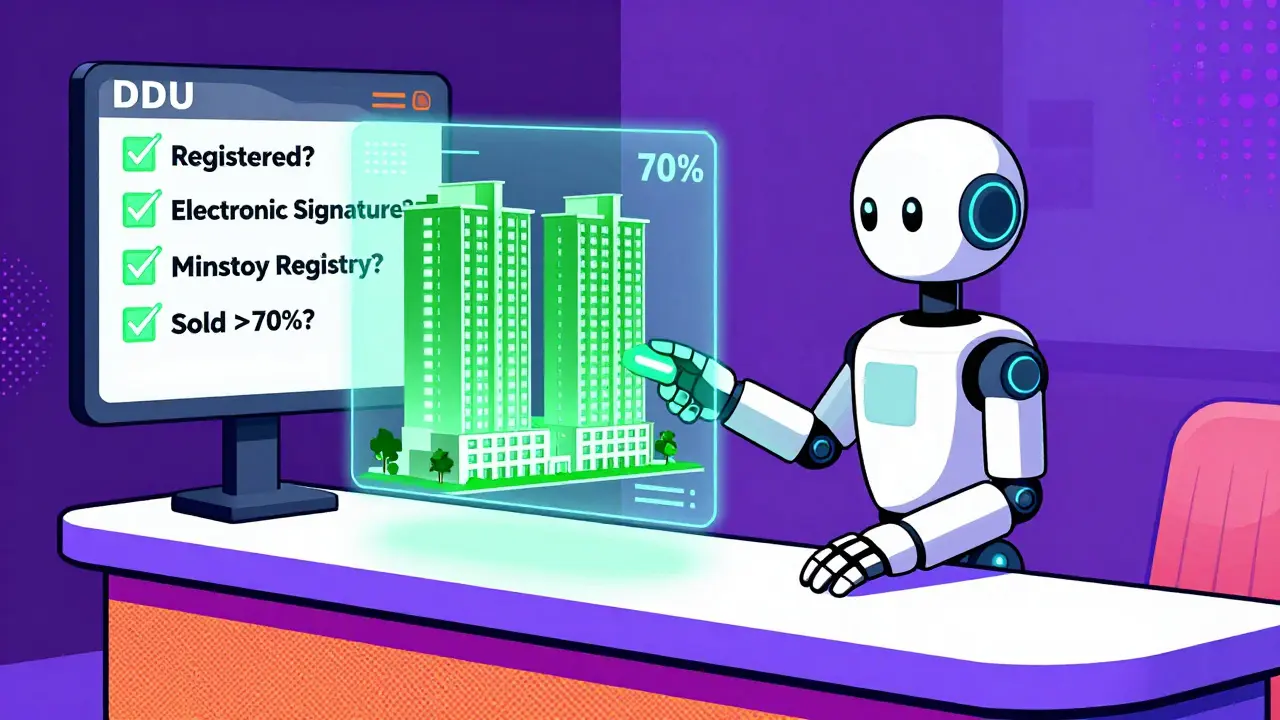 Робот-банк проверяет ДДУ в цифровом формате, показывая 70% проданных квартир и список требований в стиле мемфис.