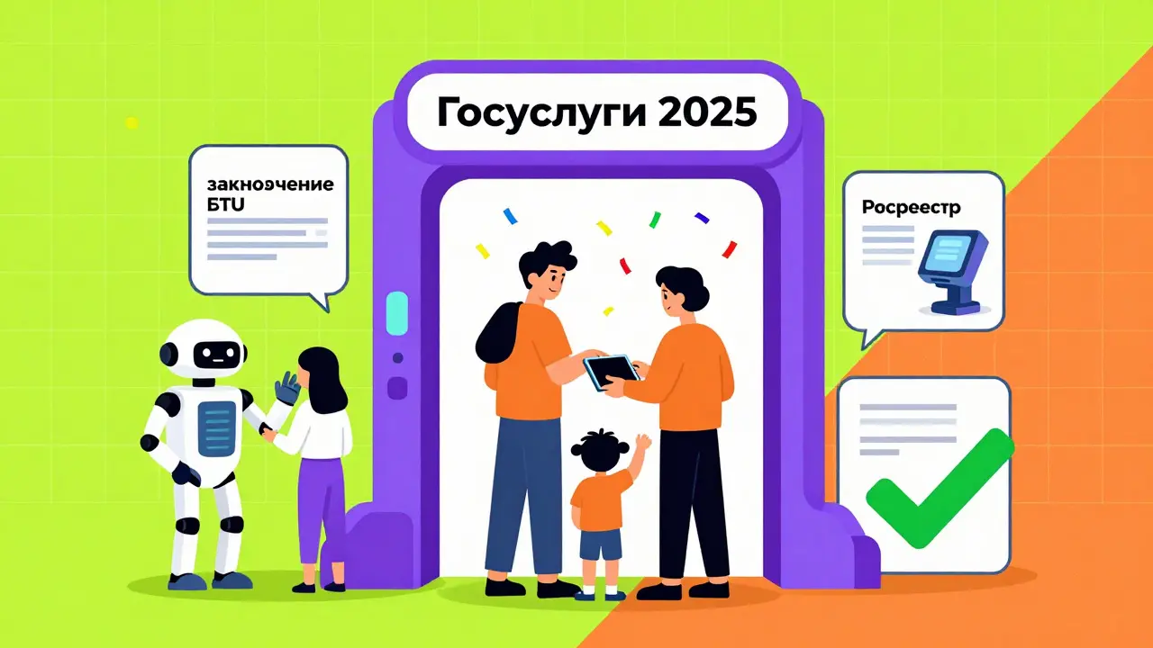 Семья подаёт документы через портал Госуслуги 2025, автоматические проверки и зелёные галочки.