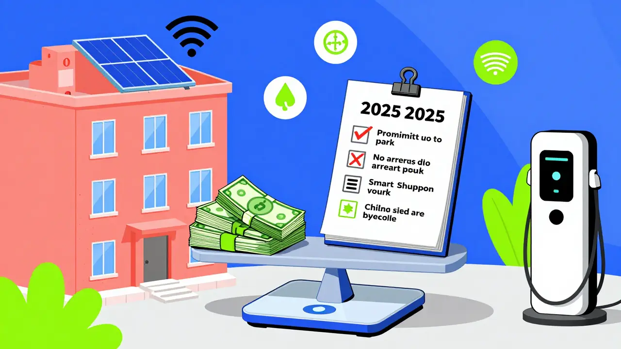 Современная квартира с умными системами: зарядка для машины, фильтры воздуха и Wi-Fi, изображённые в стиле Memphis с яркими геометрическими формами.