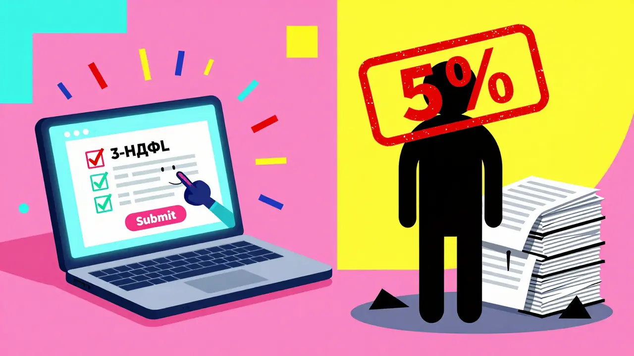 Сравнение: онлайн-подача декларации с радостью и штраф за просрочку в стиле мемфис.