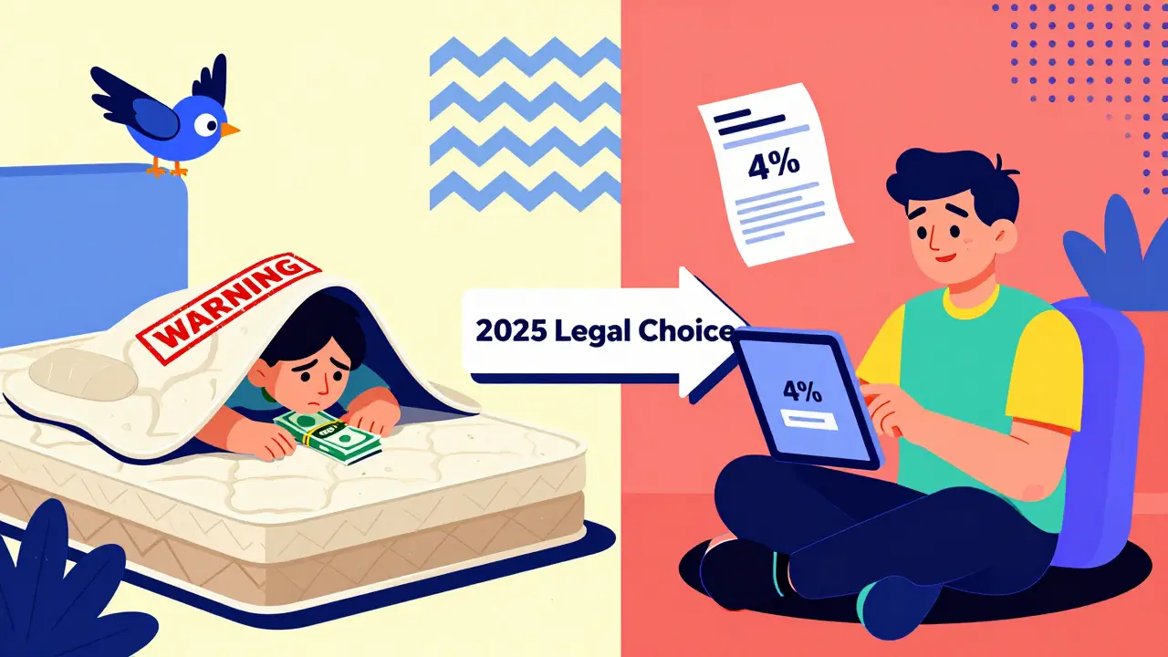 Сравнение: скрытие денег vs легальная оплата налога через планшет, яркие геометрические узоры