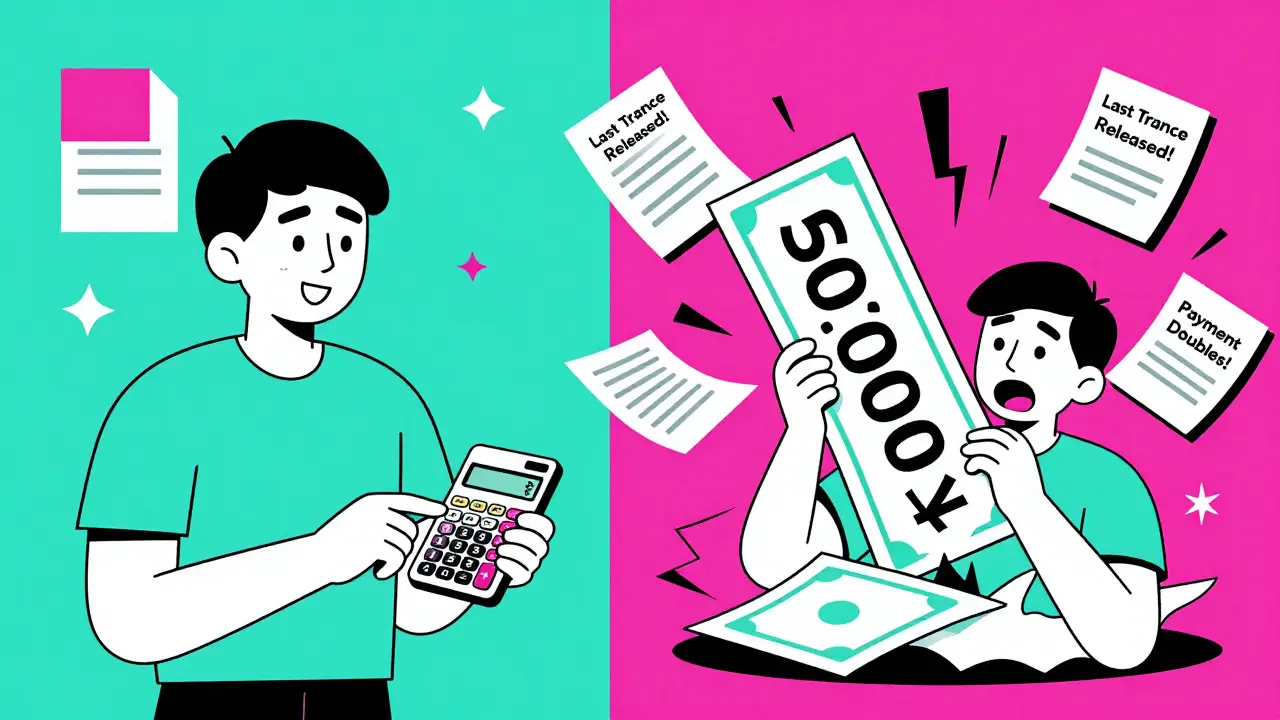 Сравнение: спокойный платёж до сдачи дома и огромный счёт после — яркие геометрические формы и контрастные цвета.