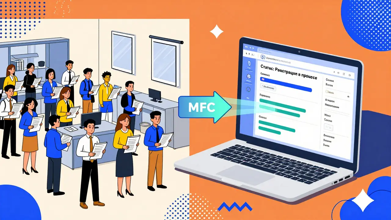 Сравнение старой очереди в МФЦ и современной онлайн-регистрации сделки с цифровыми связями между городами.