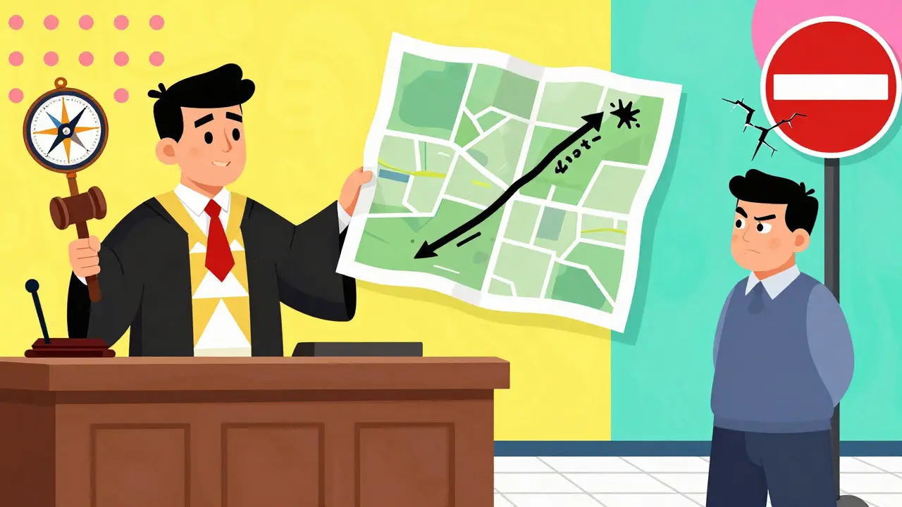 Судья с компасом-молотком рассматривает схему проезда, сосед с отказом на табличке.