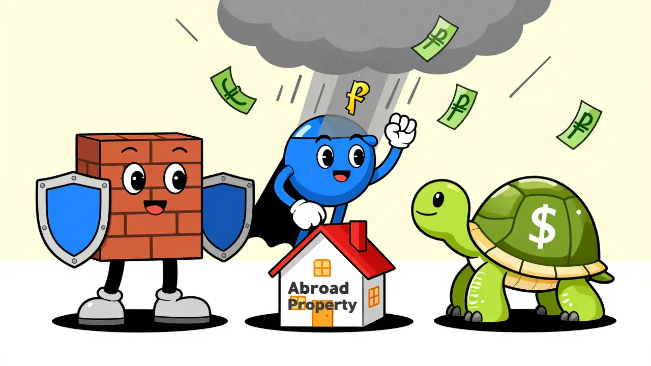 Три забавных финансовых инструмента защищают дом за границей от падающих рублей в стиле мемфис-дизайна.