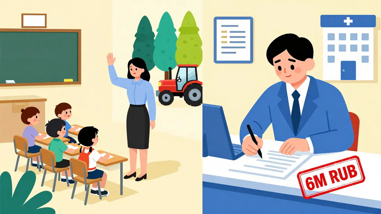 Учитель в деревне и подпись ипотечного договора, фон — школа, трактор и клиника в стиле геометрических форм.