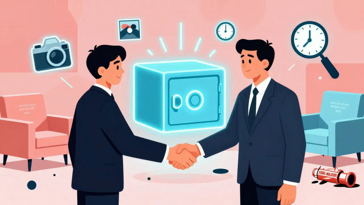 Яркая иллюстрация в стиле Мемфис: руки пожимают друг друга над депозитом, вокруг — фото, часы, экспертиза и труба с пометкой форс-мажор.