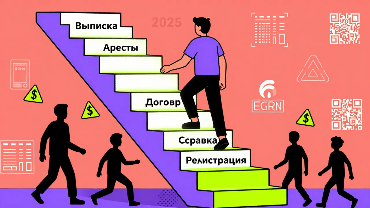 Цветная лестница с шагами проверки перед продажей квартиры, человек поднимается вверх, а риски падают вниз.