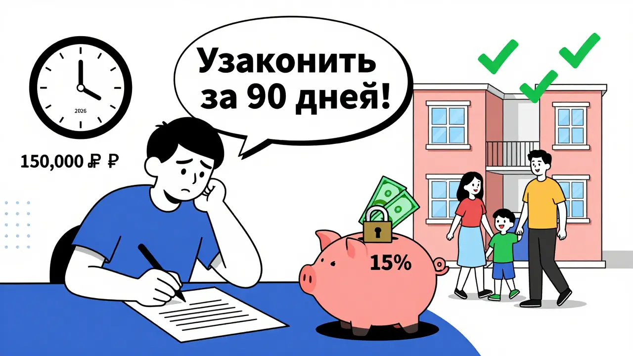 Договор купли-продажи с условием узаконивания, часы тикают к штрафу 150 000₽ в 2026 году.