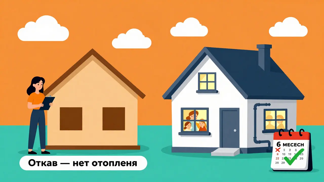 Дом без отопления слева, с отоплением и семьей внутри — справа, яркие геометрические цвета.