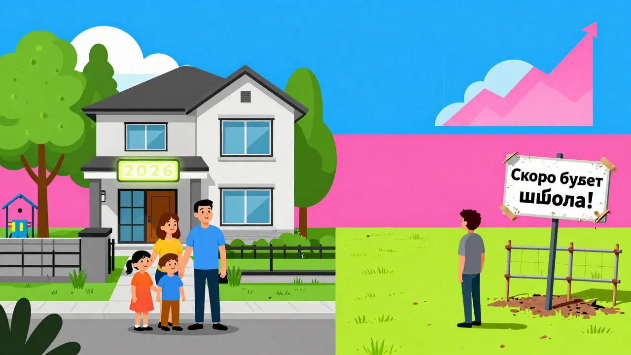 Две стороны: счастливая семья рядом с реальным метро и одинокий человек перед пустым участком с рекламной табличкой.