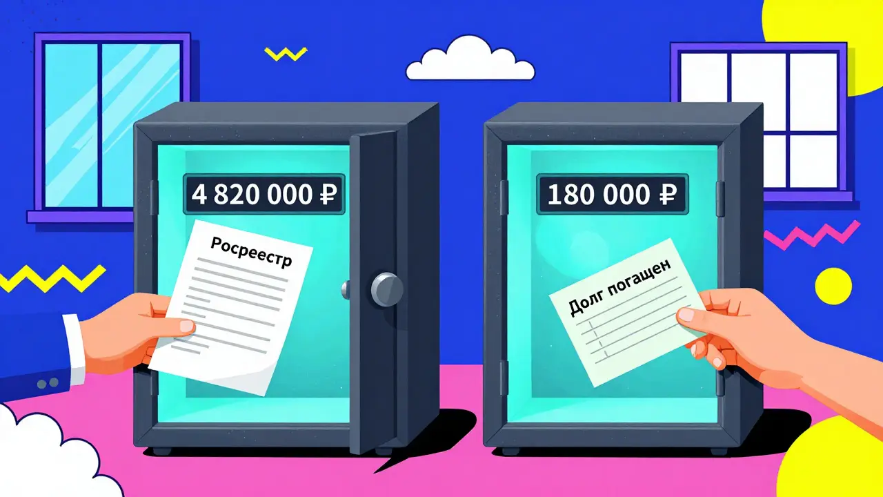 Две светящиеся банковские ячейки с деньгами, руки продавца и покупателя получают документы после сделки.