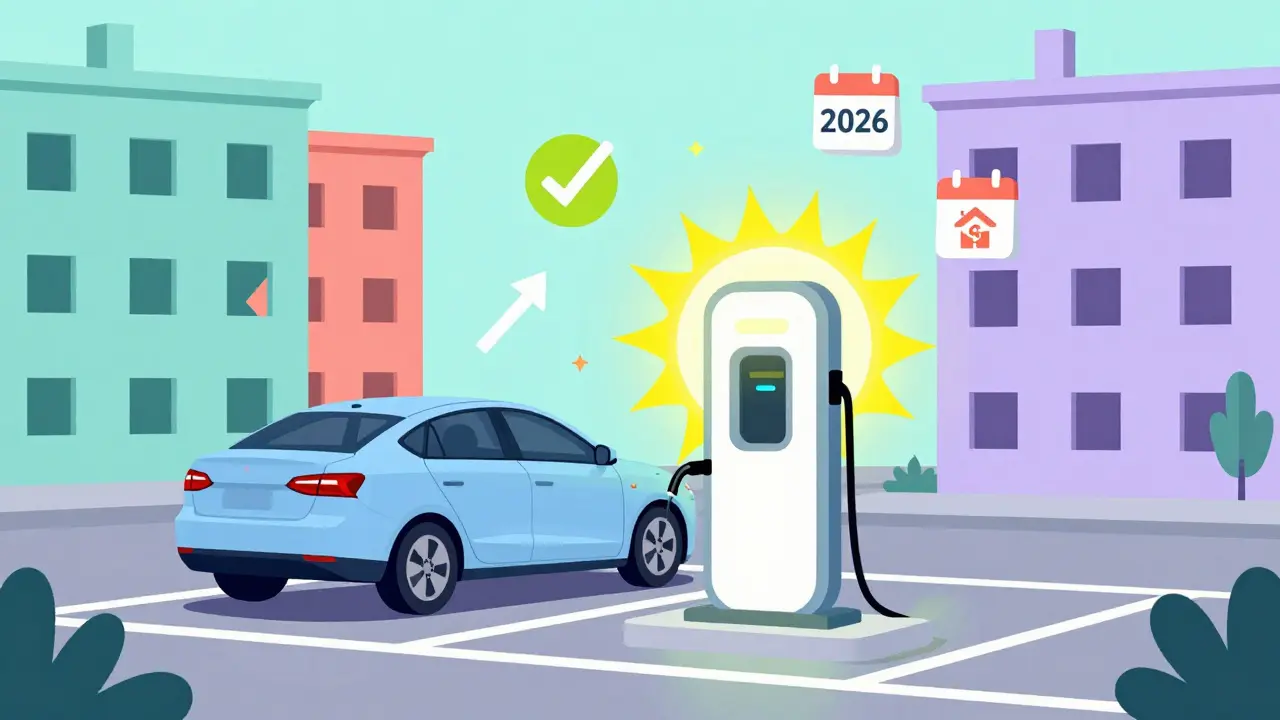 Электромобиль на парковке с зарядкой в Санкт-Петербурге, 2026 год, в стиле Memphis.