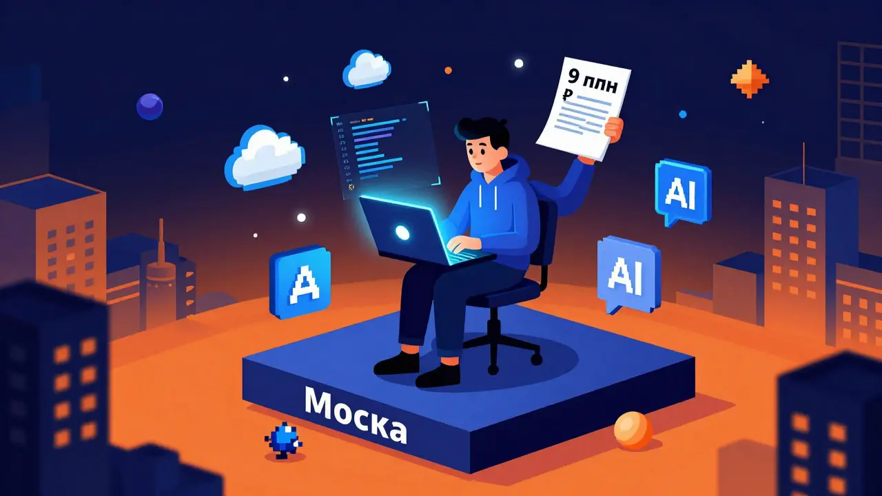 ИТ-специалист держит контракт на 9 млн рублей в окружении цифровых символов