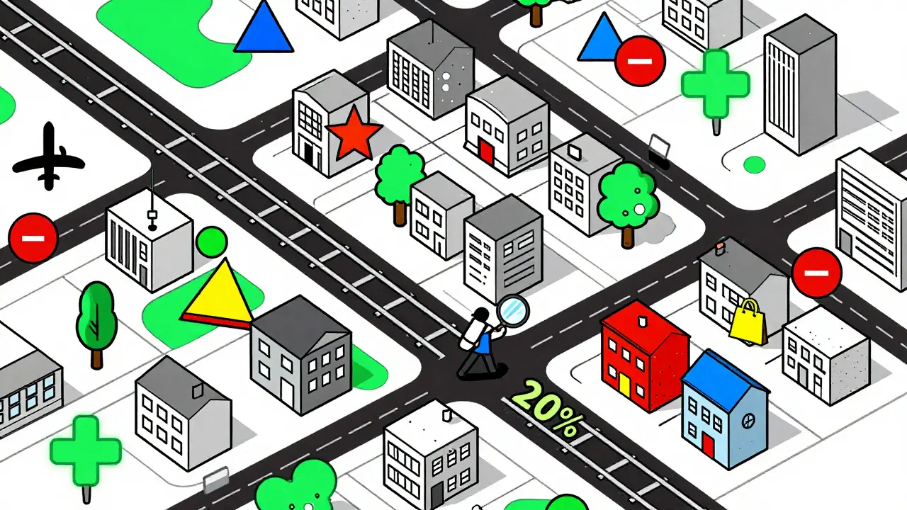 Карта района с геометрическими символами инфраструктуры: парк, школа, метро — и красные минусы у шумных зон.