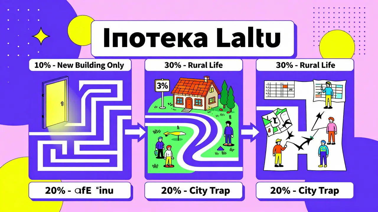 Лабиринт ипотеки с тремя путями: 10%, 30% и 20%, оформленный в ярком мемфисском стиле.