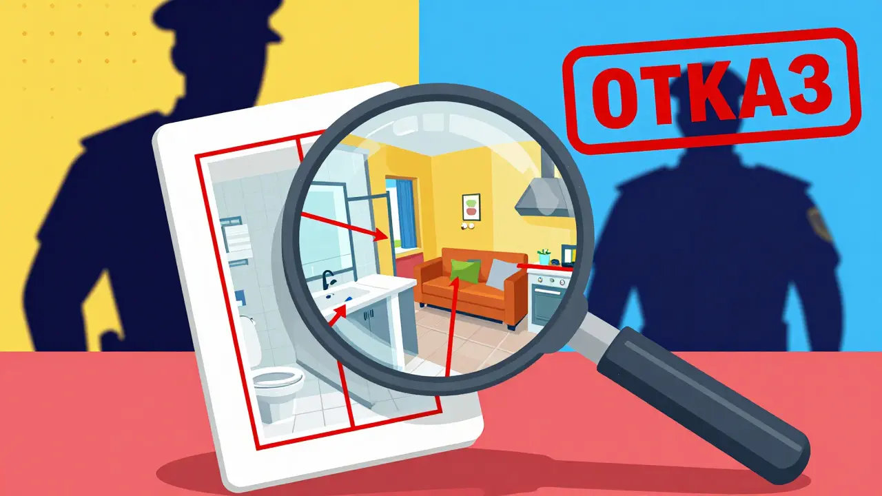 Мagnifying glass над техпаспортом с красными линиями нарушений, тень инспектора с штампом 'ОТКАЗ'.