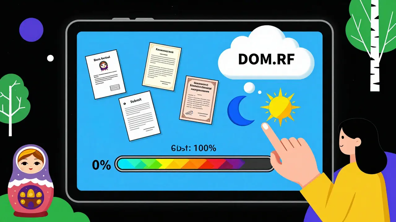 Мать отправляет заявку на Госуслугах, документы летят в облако DOM.RF.
