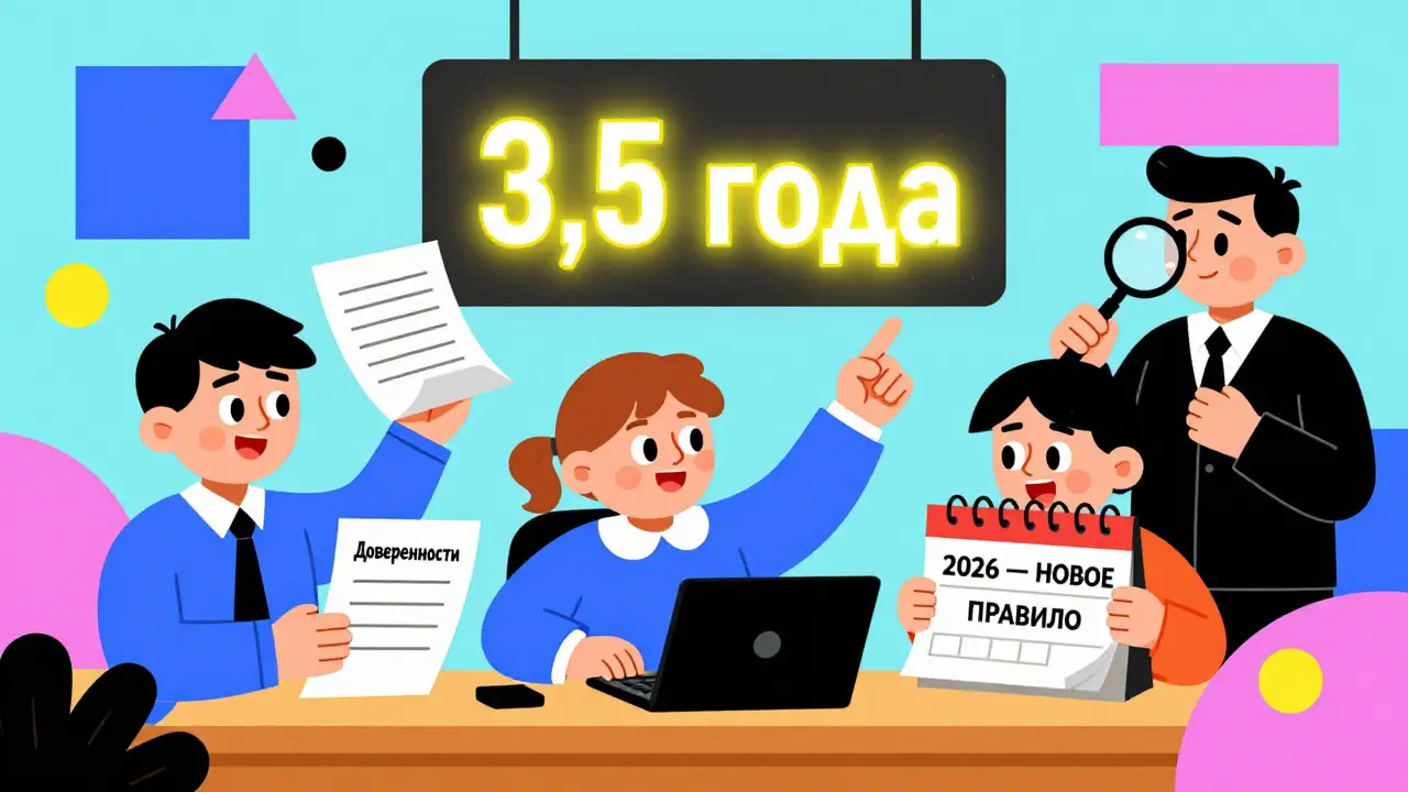 Мемфис-стиль: пять наследников в суде, один держит доверенность, надпись 3,5 года