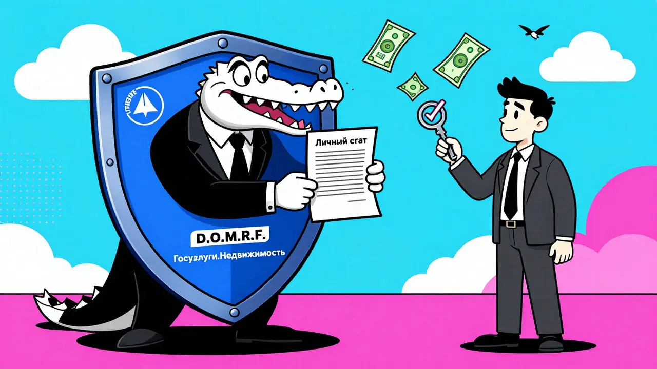 Мошенник пытается обмануть покупателя, но его останавливает щит с логотипом ДОМ.РФ