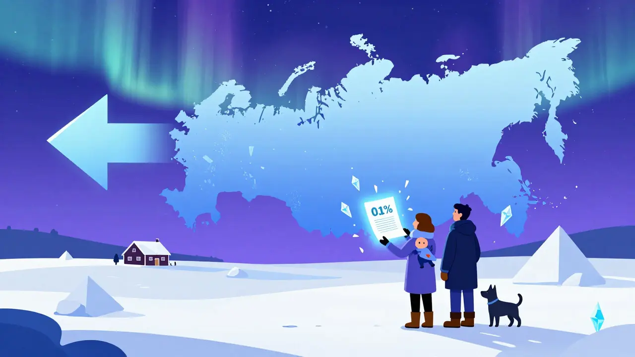 Пара в зимней одежде стоит на снегу с домом на Дальнем Востоке и контрактом под 0,1%