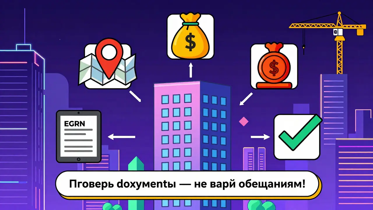 Пять цветных шагов проверки инфраструктуры в виде иконок вокруг дома, фон — абстрактный город с линиями будущих проектов.