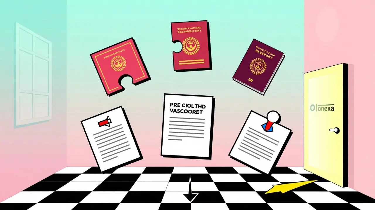 Плавающие документы в стиле мемфиса, ведущие к двери органов опеки, на клетчатом полу.