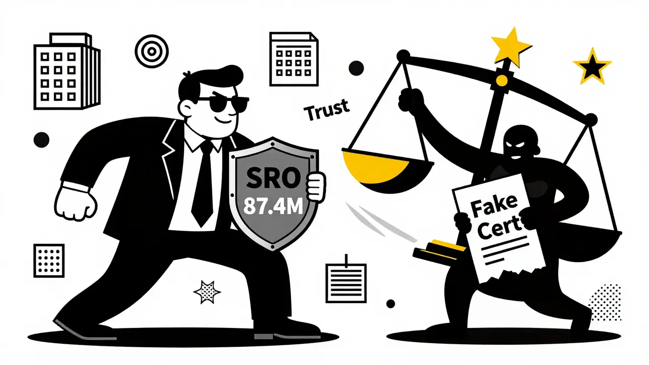 Профессиональный оценщик с щитом компенсационного фонда сражается с мошенником, фон — абстрактные дома и весы справедливости.