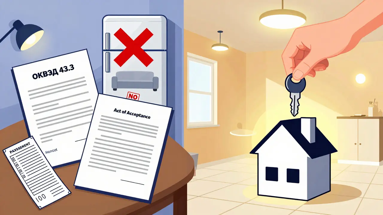 Разделённая сцена: слева — запрещённые предметы с крестами, справа — отремонтированная квартира с документами и светом вычета.