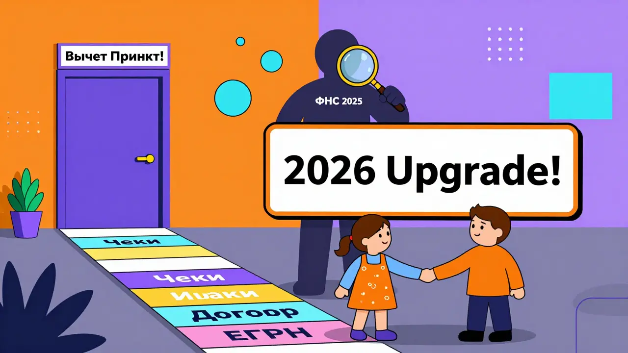 Семья идёт по дорожке из документов к двери с надписью 'Вычет принят!', за ними — ФНС с увеличительным стеклом.