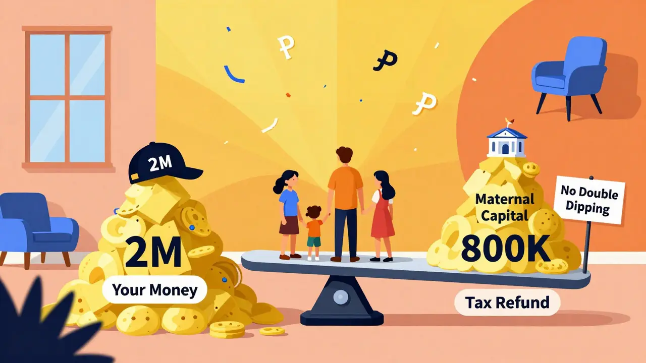 Семья на весах: личные деньги против материнского капитала — налоговый вычет в стиле мемфис-дизайна.