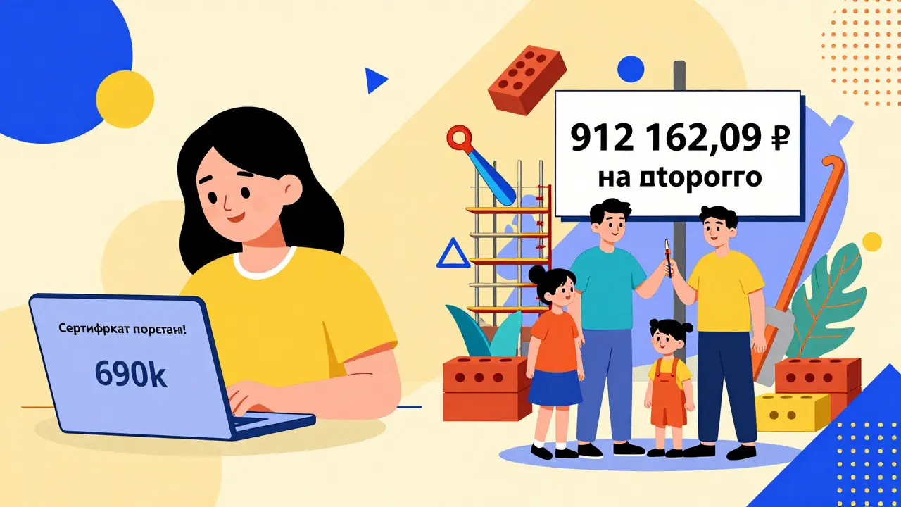 Семья с двумя суммами маткапитала — 690 тыс. и 912 тыс. рублей, в абстрактном стиле