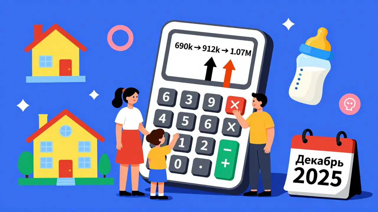 Семья с растущими цифрами материнского капитала и символами расходов в ярком мемфисском стиле