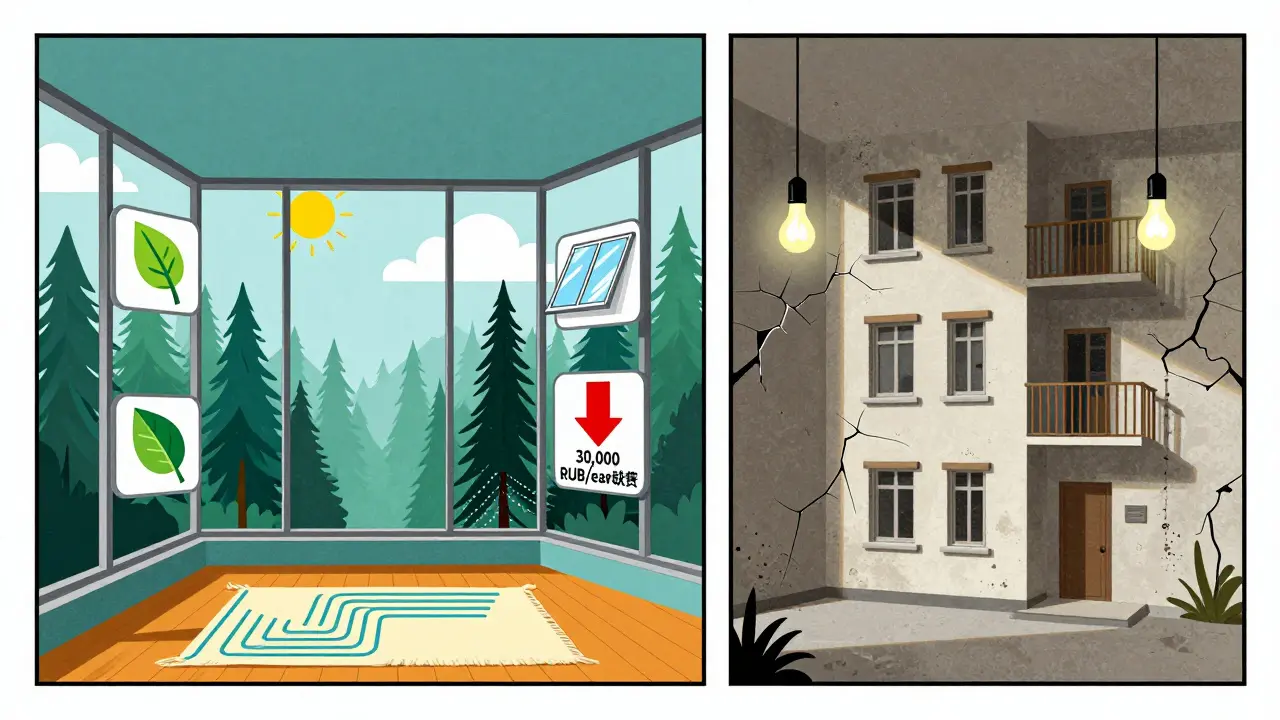 Современная квартира с панорамным видом на лес и символами энергоэффективности, рядом — старый дом с трещинами.