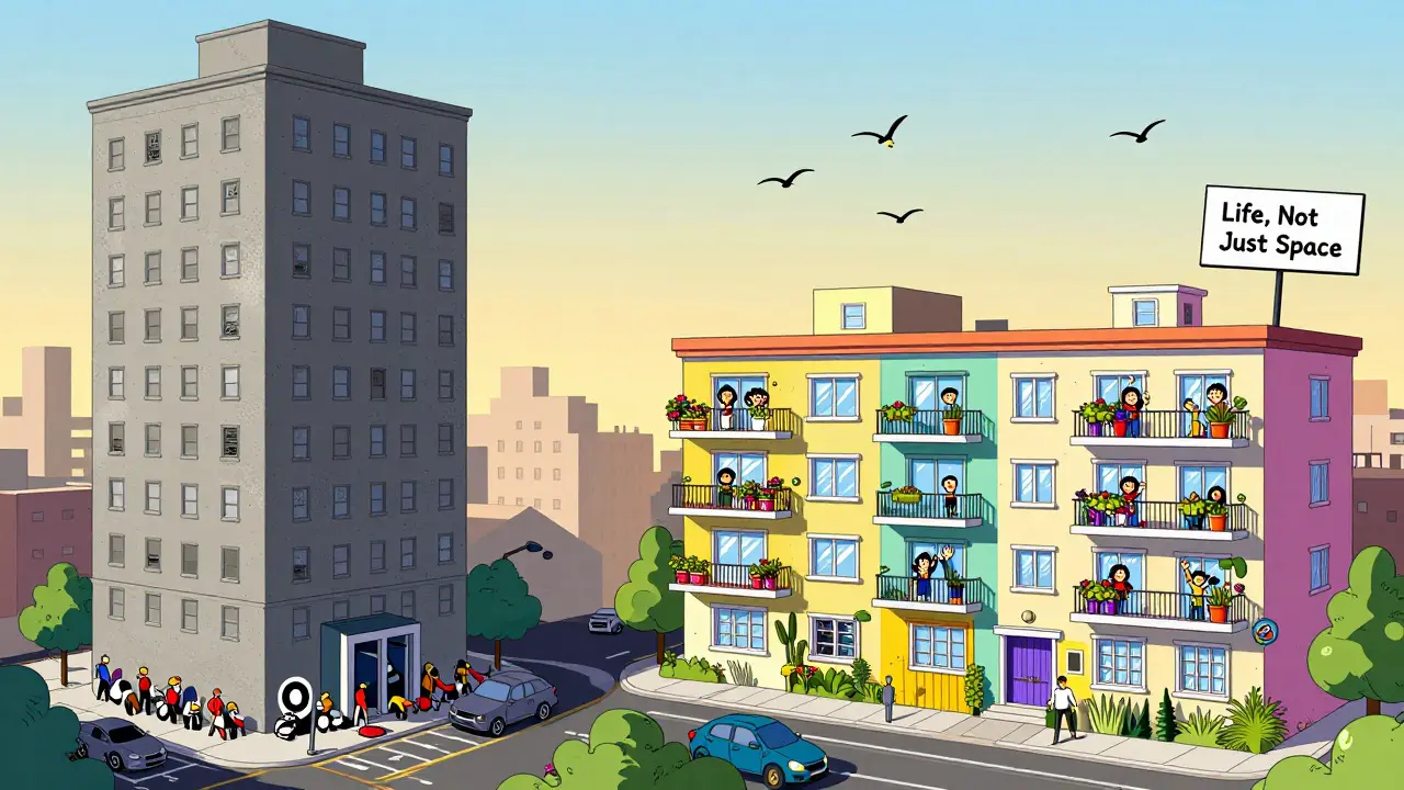 Сравнение высотки и малоэтажного комплекса в ярком мемфисском стиле с людьми и птицами.