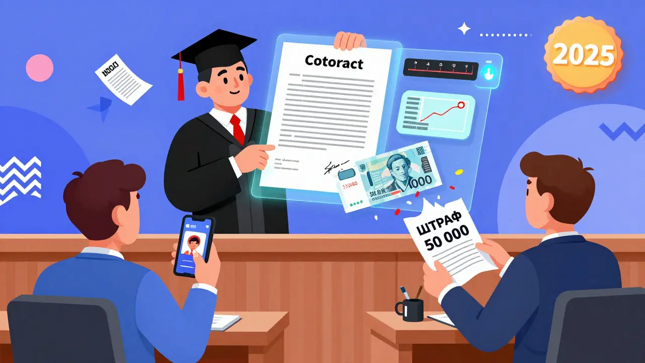 Судебный зал в стиле Мемфис: судья читает контракт, вокруг — акт, чек, умный счётчик и исчезающий штраф, в углу — 2025.