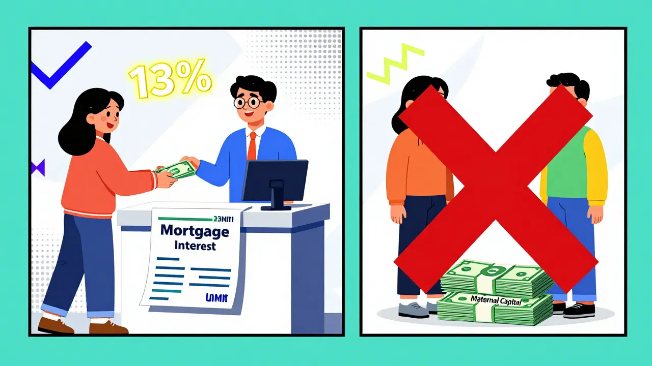 Супруги получают вычет по ипотечным процентам, а материнский капитал не учитывается — в стиле мемфис-дизайна.